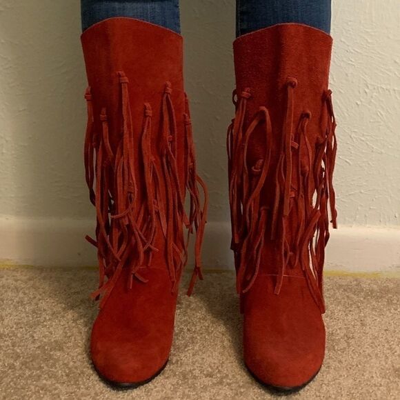 Vintage Red Suede Leather Tassel Boots - Picture 2 of 7